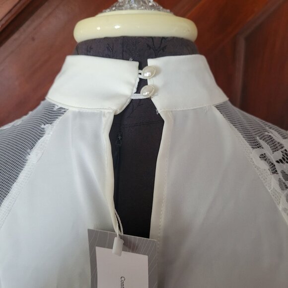 Elegant Shein White Blouse With Lace Sleeves & Tie Neck Design NWT - Picture 4 of 11